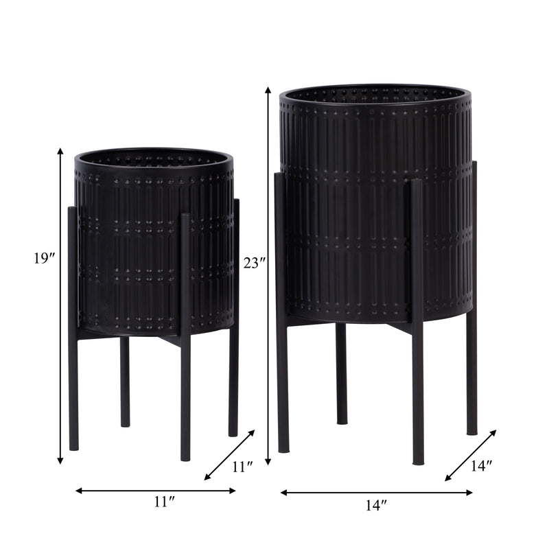 S/2 RIDGED PLANTERS IN METAL STAND, BLACK