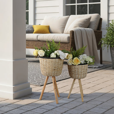 S/2 WICKER FOOTED PLANTERS, WHITE