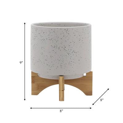 8  PLANTER W/ WOOD STAND, MATTE BEIGE