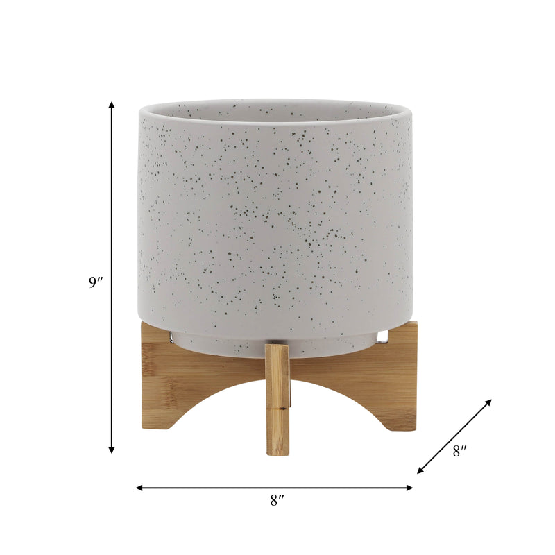 8  PLANTER W/ WOOD STAND, MATTE BEIGE