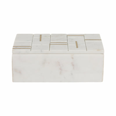 8 White Marble Box With Brass Inlay, White/gold