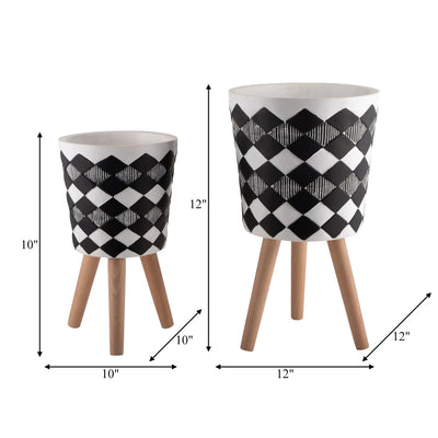 S/2 10/12 Diamond Planter W/ Wood Legs, Black(Kd)