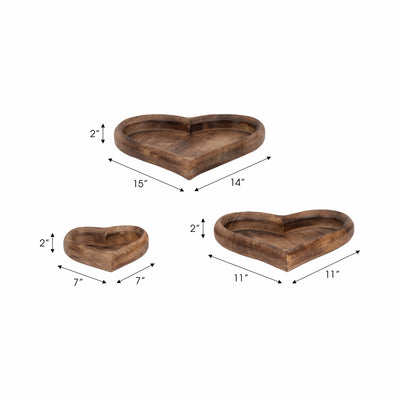 WOOD, S/3 7/11/14 HEART TRAYS, DARK BROWN