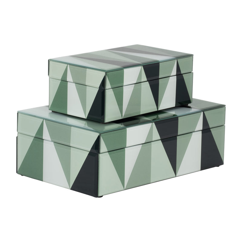 GLASS, S/2 8/11 TRIANGLES BOXES, GREEN/WHITE