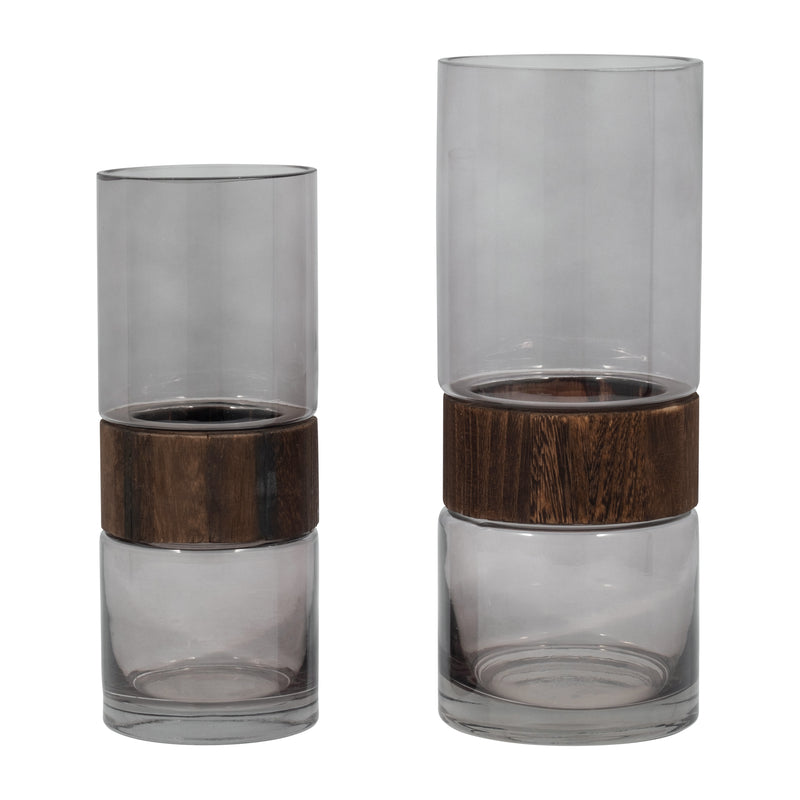 GLASS, 10 CYLINDER VASE W/ WOOD BAND, CLEAR