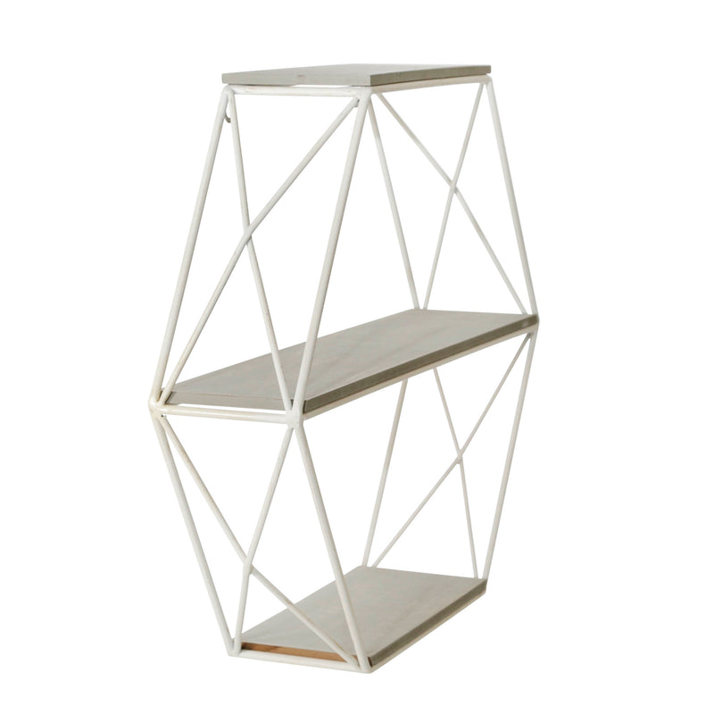 Metal/wood 3 Tier Hexagon Wall Shelf, Gray/white