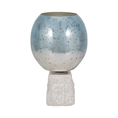 Glass, 13 Bowl Pillar Holder Marble Base, Aqua/wh