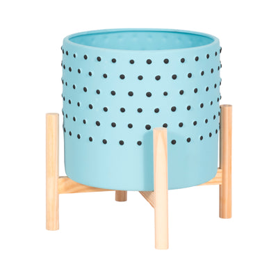 10 DOTTED PLANTER W/ WOOD STAND, BLUE