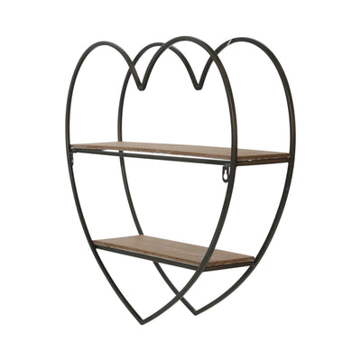 METAL/WOOD 2 TIER HEART WALL SHELF, NATURAL/BLACK