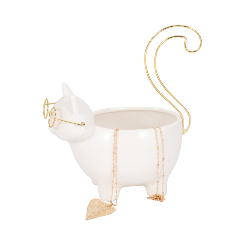 CER, 9 KITTY TRINKET DISH, WHITE/GOLD