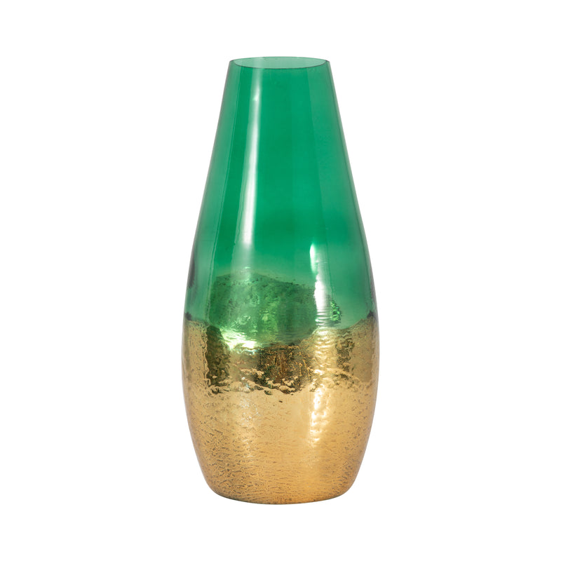 GLASS, 15 GOLD DIPPED VASE, GREEN