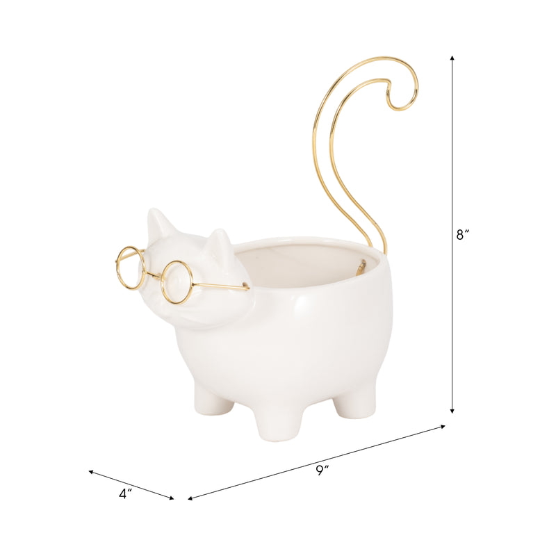 CER, 9 KITTY TRINKET DISH, WHITE/GOLD