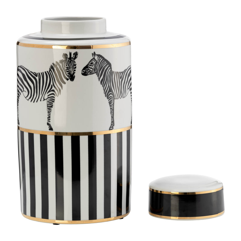 CER, 16H ZEBRA JAR W/ LID, WHITE/GOLD