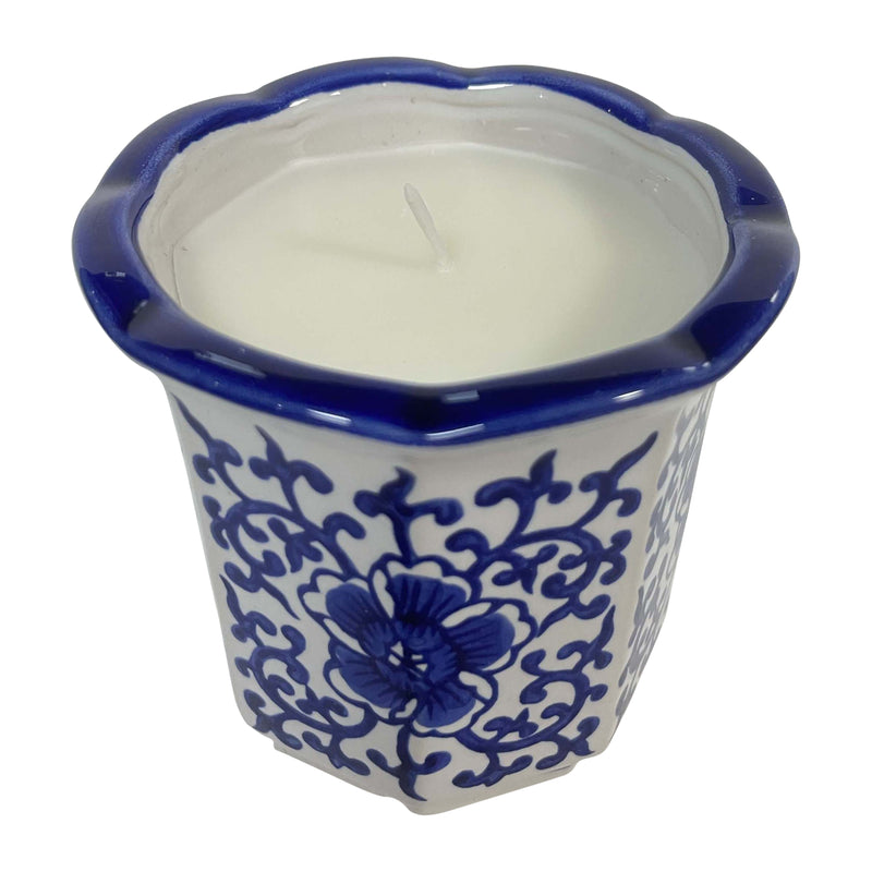 4, 6oz Fluted Chinoiserie Candle , Blue/white