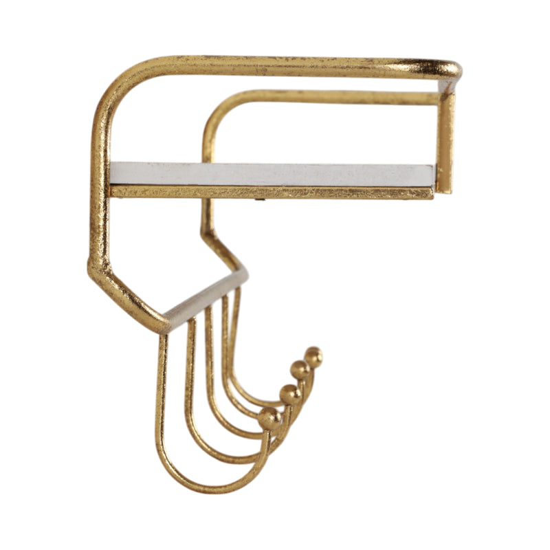 METAL/WOOD 20 5  HOOK WALL SHELF, WHITE/GOLD