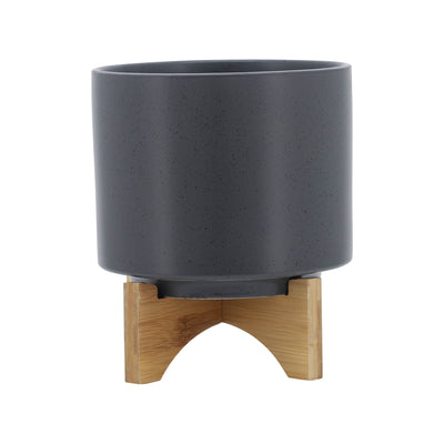 8 PLANTER W/ WOOD STAND, MATTE GRAY