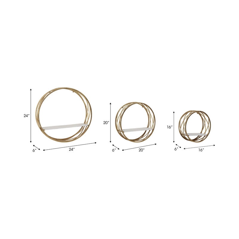 S/3 METAL ROUND WALL SHELVES,WHITE/GOLD