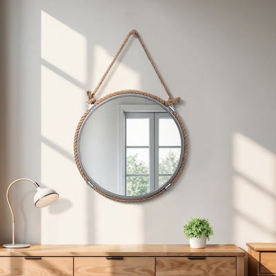 METAL 24 MIRROR WITH ROPE, SILVER/NATURAL