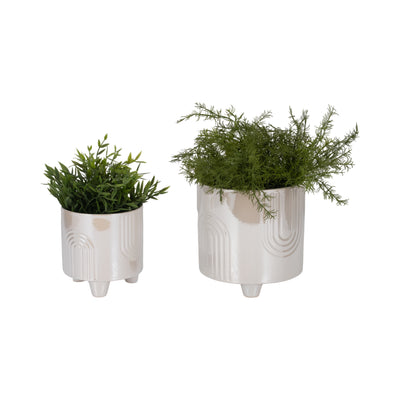 S/2 6/8 Iridescent Bravais Footed Planters, Ivory