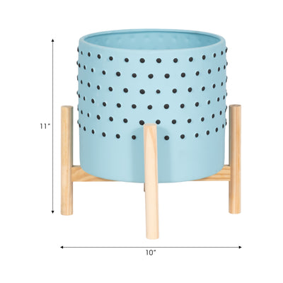 10 DOTTED PLANTER W/ WOOD STAND, BLUE