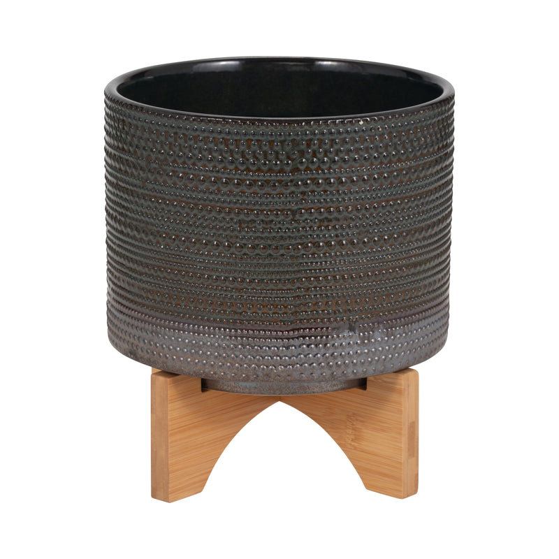 8 DOTTED PLANTER W/ WOOD STAND, GREEN