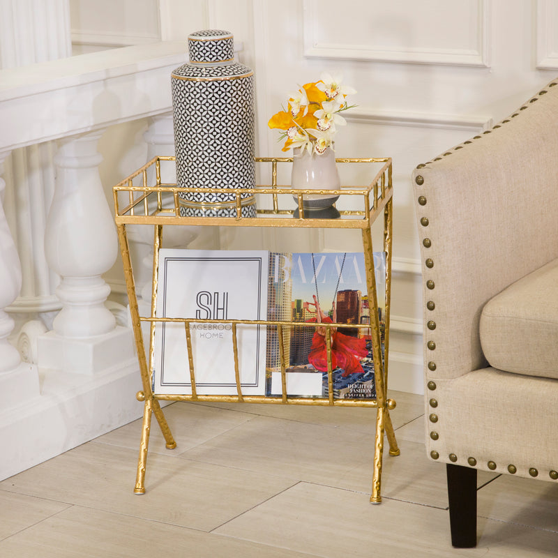 Metal & Glass Magazine Rack Accent Table, Gold