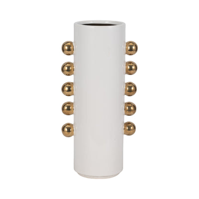 Cer, 16 Vase W/ Side Knobs, White/gold