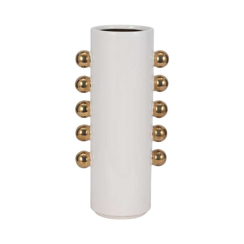 Cer, 16 Vase W/ Side Knobs, White/gold