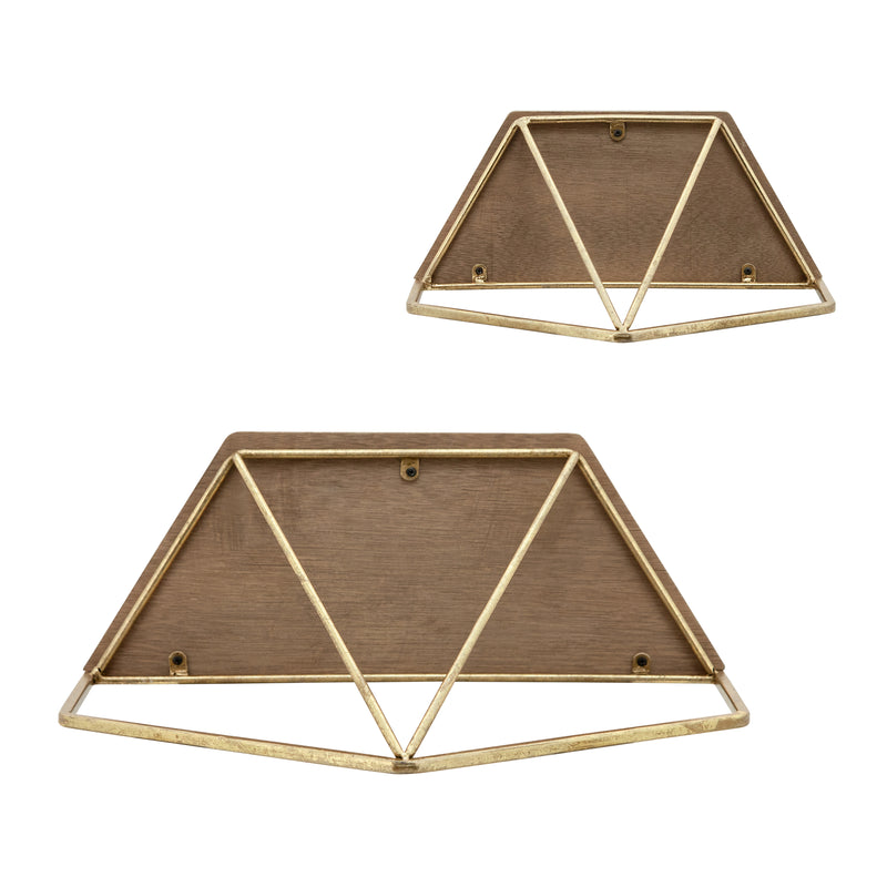 S/2 METAL / WOOD HEXAGON WALL SHELVES, GOLD/WHT