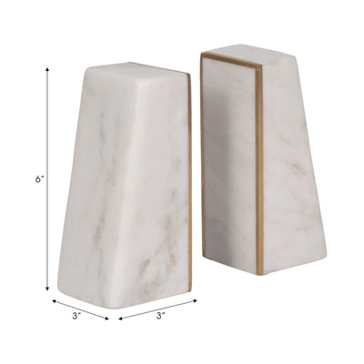 S/2 Marble 6h Slanted Bookends W/gold Trim,white