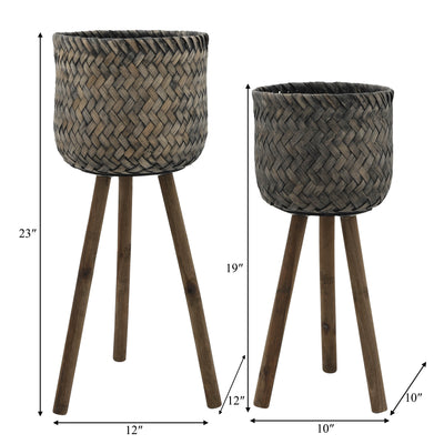 S/2 BAMBOO PLANTERS ON STANDS,BLACK WASH