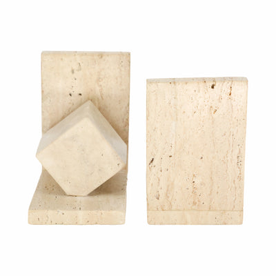 S/2 6 Travertine Cube On Base Bookends, Tan