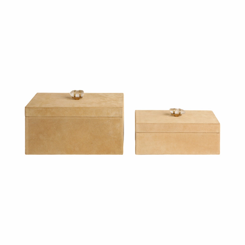 S/2 10/12 Benin Suede Boxes W/stone Knob, Ivory