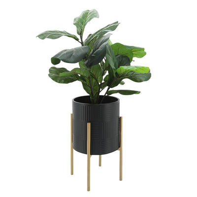 S/2 PLANTER W/ LINES ON METAL STAND, BLACK/GOLD