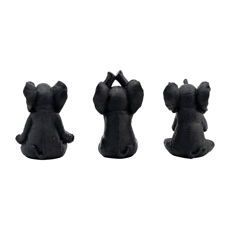 RESIN, S/3, 8H, YOGA ELEPHANTS, BLK