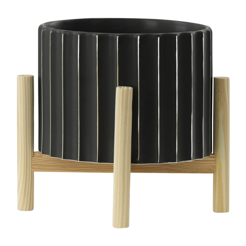 12 CERAMIC FLUTED PLANTER W/ WOOD STAND, BLACK