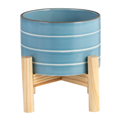 6 STRIPED PLANTER W/ WOOD STAND, SKYBLUE