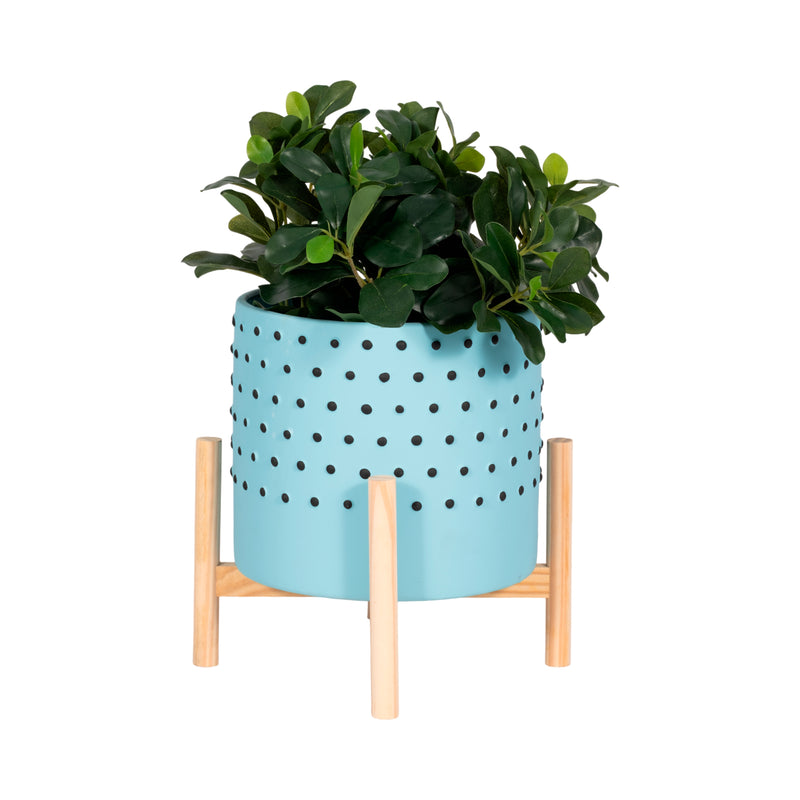 10 DOTTED PLANTER W/ WOOD STAND, BLUE