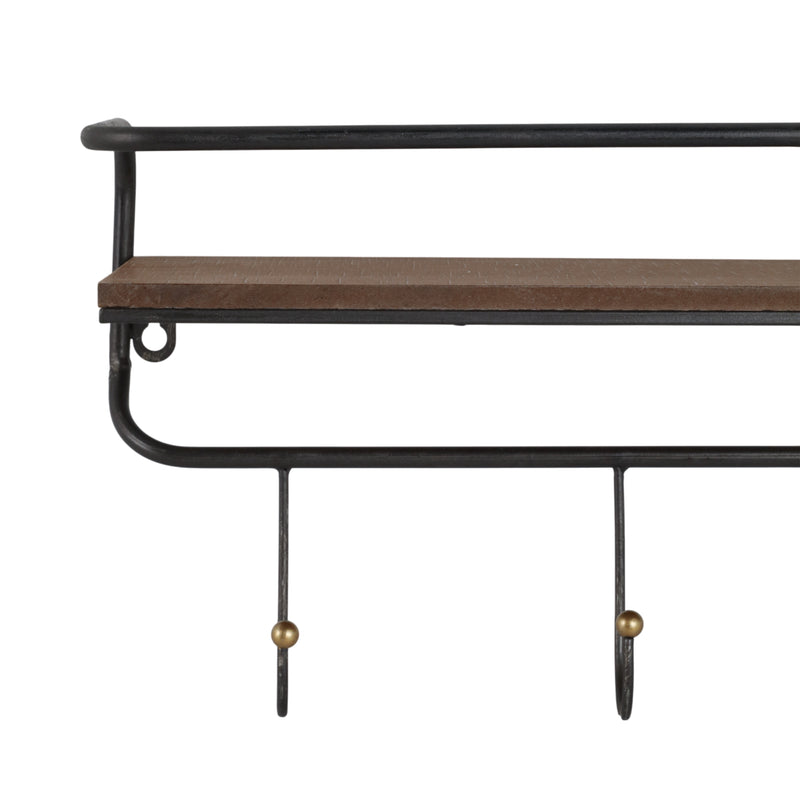 METAL/ WOOD, 24.25 5 HOOK WALL SHELF/ BROWN