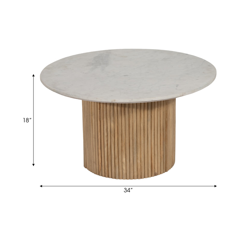 Wood/Marble, 34D Reeded, Coffee Table, Nat/Wh Kd