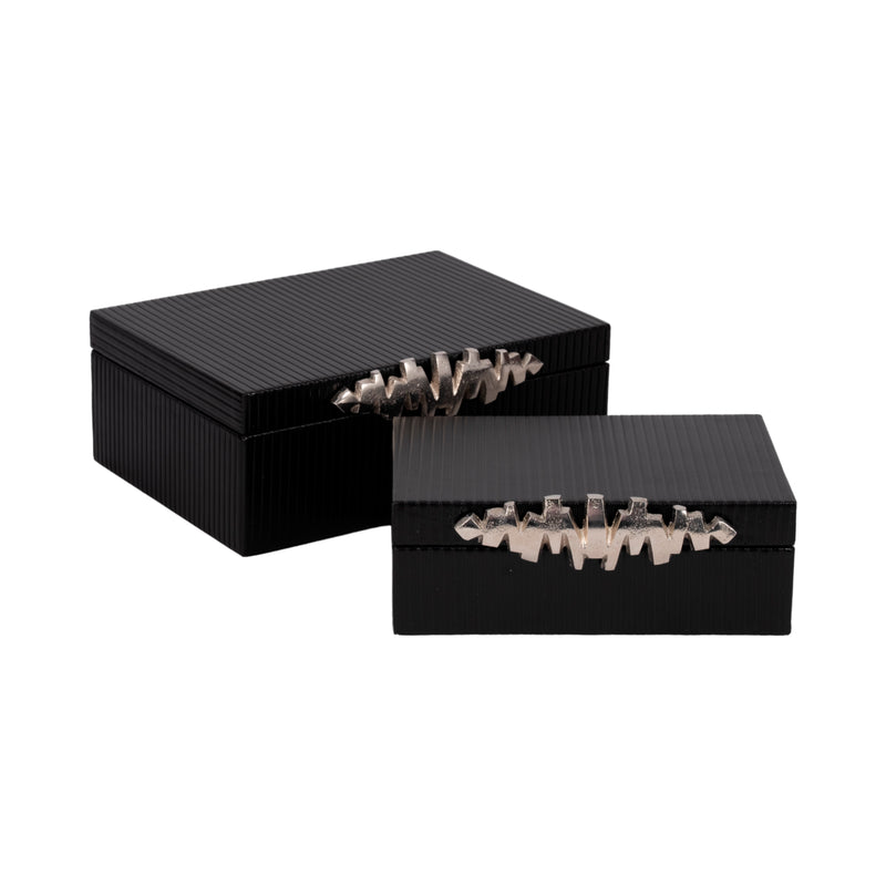 S/2 9/11 Boxes With Lines & Silver Handle, Black