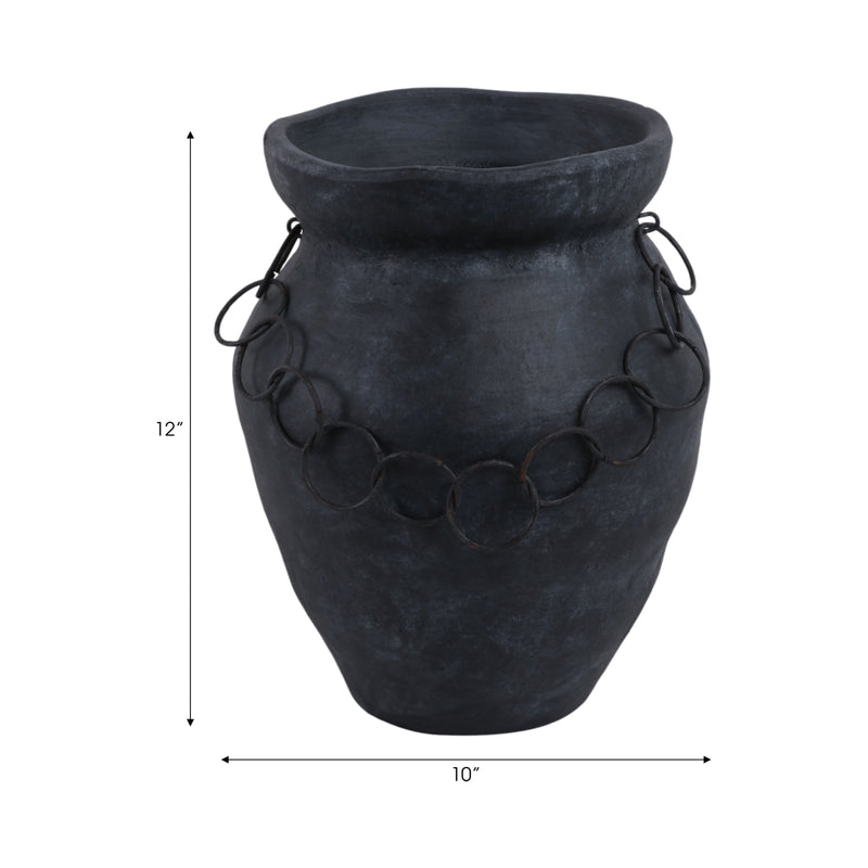 12x10 Rustic Terracotta Vase With Chain, Black