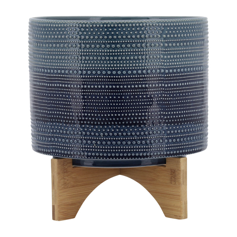 11 DOTTED PLANTER W/ WOOD STAND, BLUE