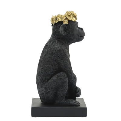 RES, 8 MONKEY FLOWER CROWN FIGURINE,  BLK/GLD