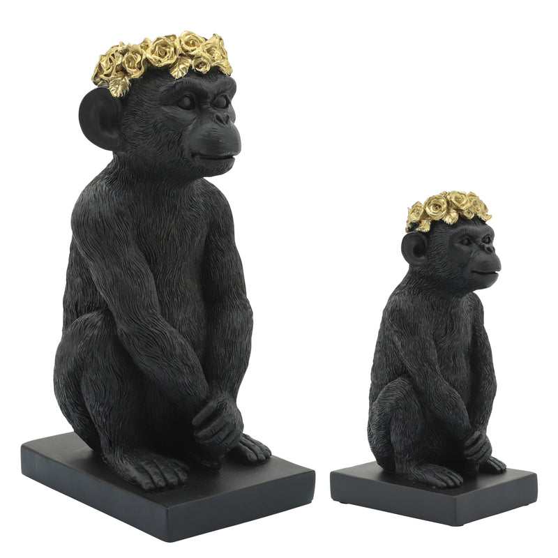 RES, 8 MONKEY FLOWER CROWN FIGURINE,  BLK/GLD