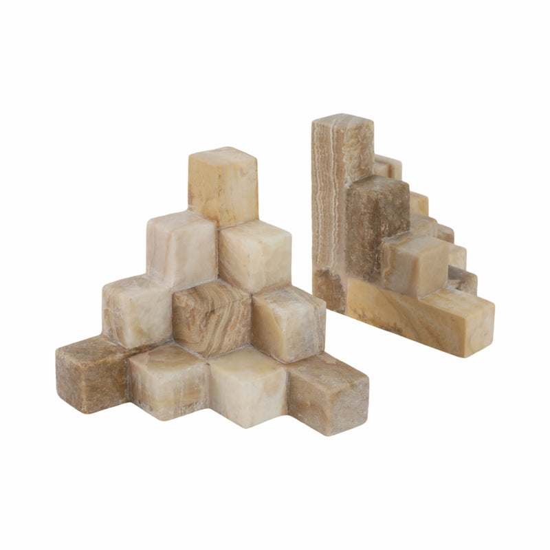 S/2 6 Onyx Cube Pyramid Bookends, Tan