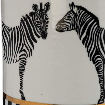 CER, 12H ZEBRA JAR W/ LID, WHITE/GOLD