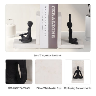 Metal, S/2 6 Yoga Ladies Bookends On Marble, Blk/