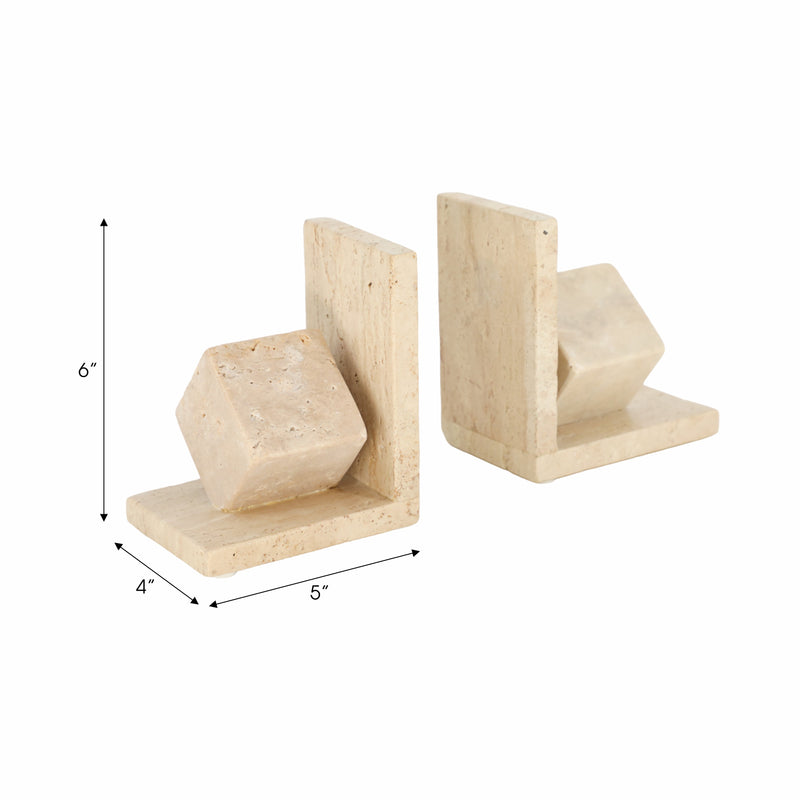 S/2 6 Travertine Cube On Base Bookends, Tan