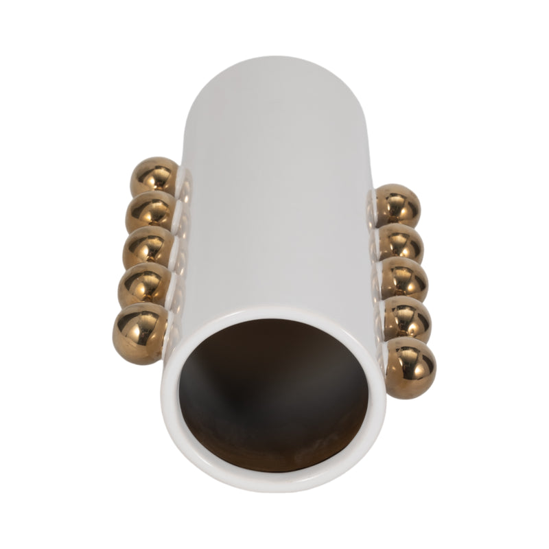 Cer, 13 Vase W/ Side Knobs, White/gold